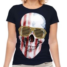 Stars y Rayas Cráneo Impreso Camiseta Mujer Purpurina Gafas Top Moda Swag