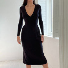 Sexy Vestido Para Mujer Moda Tendencias Manga Larga Delgado Cuello en V Correa Delgado Color Sólido