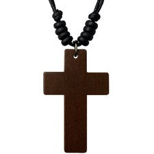 Collar Cruz Madera Colgante Marrón 3 Pulgadas Ajustable 16‐30 Pulgadas Nudos Deslizantes Unisex