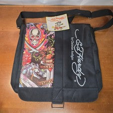 Bolso Bandolera Mensajero De Colección Ed Hardy Christian Audigier Negro Calaveras Y2K NUEVO