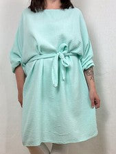 ITALY MUSSELIN Tunika Kleid Bindegürtel Aqua Grün Einheitsgröße Onesize 2024384