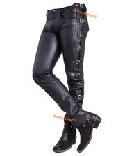 Pantalones de cuero de piel de cordero negros con hebilla para hombre motociclista fiesta informal jinete calce ajustado