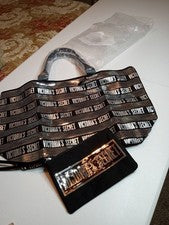 Bolso de Mano Victoria's Secret 2 Piezas Grande Shopper Negro Plata Secuencia Nuevo con Etiquetas 22x14