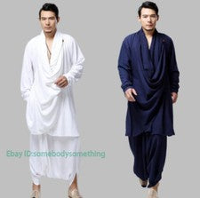 Pantalones de lino sueltos asimétricos de manga larga cuello en V estilo étnico de moda para hombre