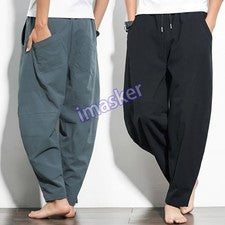Pantalones informales sueltos harén de algodón y lino estilo chino para hombre talla grande