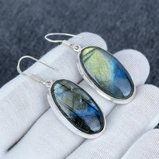 Pendiente de piedras preciosas de labradorita, pendiente de bisel de plata de ley 925 hecho a mano, regalo