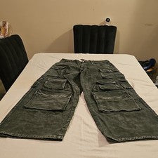 Moda Nova Para Hombre Verde Algodón Denim Pantalones Carga Botón Cremallera Bolsillos Talla 15