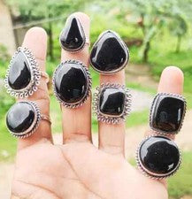 ¡Lote al por mayor! Anillos de piedras preciosas de ónix negro, lote de anillos enchapados en plata de ley 925 ~