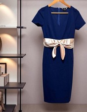 Vestido midi para mujer pequeño azul ceñido al cuerpo cuello en V cremallera/lazo beige retro elegante pin-up