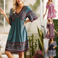 Vestido Para Mujer Verano Cuello en V Manga Corta Estampado Moda Vacaciones Vestido Nacional
