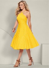 Vestido para mujer VENUS amarillo a lunares de algodón ajustado y acampanado correas ajustables talla 4