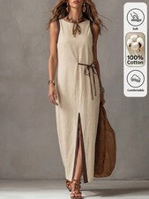 Vestido largo de mujer con cuello redondo y dobladillo abertura en color caqui