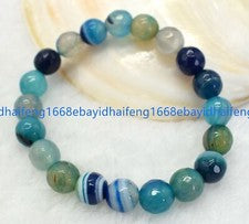 Facettiert 6/8/10/12mm Blau Gestreift Achat Rund Edelstein Perlen Armband 7.5"
