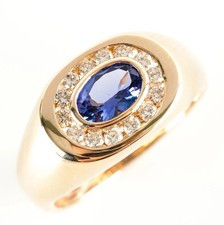Anillo de boda de diamantes de tanzanita de corte ovalado de 3,21 quilates de oro amarillo de 14 quilates