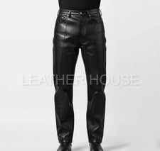 Pantalones de cuero de oveja negros reales para hombre estilo moto informal