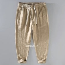 Pantalones al tobillo informales de algodón y lino para hombre finos cintura media verano cordón moda talla
