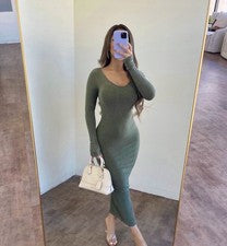 Maxi Vestido Moda Boutique Para Mujer Verde Bodycon Manga Larga Talla Mediana