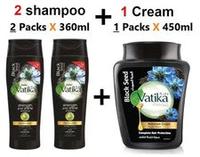 Champú para el cuidado del cabello Vatika 2 piezas 360 ml y crema hammam de semillas negras Vatika 450 ml