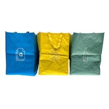 PAQUETE DE 3 BOLSAS DE RECICLAJE REUTILIZABLES GRANDES DE ALTA RESISTENCIA CON ASAS FUERTES CODIFICADAS POR COLORES
