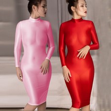 Vestido de mujer mojado brillo sedoso satinado brillante manga larga minivestido brillante bodycon