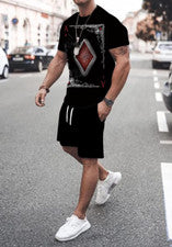 Conjunto de Pantalones Cortos Camisetas Hombres Negro Manga Corta Tarjeta De Póquer As De Diamantes