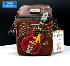 GUITARRA MÚSICA ARTE TELÉFONO CELULAR BANDOLERA BOLSO CHALA MARRÓN