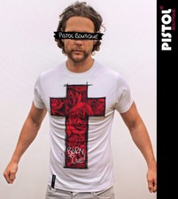 Pistol Boutique Camiseta con cuello redondo diseño de cruz con rosas moda hombre