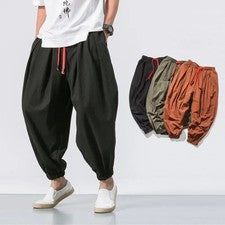 Nuevos Pantalones Harén de Moda para Hombres Sueltos Estilo Grande Algodón y Lino Alto.