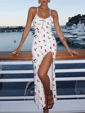 Elegante Vestido Largo Slip Estampado Flor Cerezo para Mujer