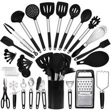 RFAQK Juego de Utensilios de Cocina de Silicona 40PCs con Soporte 446°F Calor 40 PC, Negro