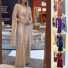 Vestido Cuello V Profundo Manga Drapeada para Bodas Manga Larga Normal L