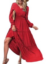 "Elegante Maxi Vestido Manga Larga Cuello en V y Mujer, 8627"