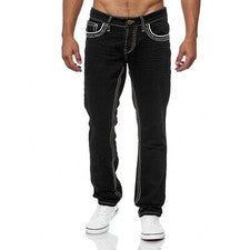 Nuevo Moda Para hombres Pantalones de mezclilla clásicos ajustados de doble línea Pantalones de pierna recta