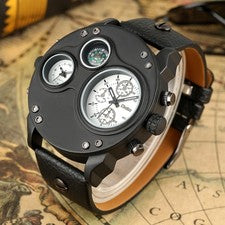 OULM Mens Oversized Fashion Watch 3 Faux Dials Quartz Leather Strap Steel Case