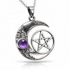 Colgante Pentagrama Luna Media Luna Amatista Plata 925 18 Cadena En Caja