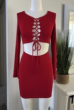 Mini Vestido Moda Boutique Para Mujer Rojo Manga Larga Frontal Con Cordones Talla Mediana
