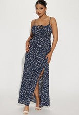 Maxi Vestido de Verano MODA NOVA Para Mujer Azul Marino Floral Abertura Alta