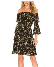 Vestido para mujer Bardot Ditsy plisado hombro frío floral negro talla 10