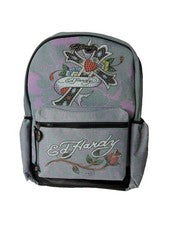 Mochila escolar Ed Hardy Arden azul denim estrás tatuaje cruz Y2K 17""