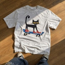 Camiseta Skateboarding Gato Negro Blanco Gráfico Divertida Camiseta Estilo Retro