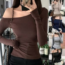 Camiseta sin cordones para mujer manga larga capa base estilo coreano cuello cortado top