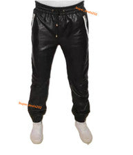 Pantalones de chándal informales de cuero de cordero negros para hombre con cremallera al tobillo estilo pista calce