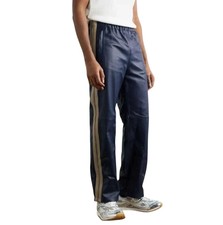 Pantalón estilo pantalón y lateral de piel de cordero real de cuero suave azul marino para hombre