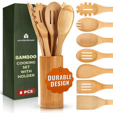 Utensilios bambú 7 piezas con soporte set cucharas cocina madera resistentes
