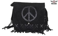 Mujer Negro Gamuza Cuero Motociclista Moda Cinturón Bolso Cartera y Bolsillo Signo de Paz