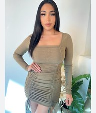 Mini Vestido Para Mujer Moda Boutique Verde Oliva Manga Larga Acanalado