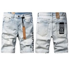 Pantalones cortos de mezclilla KSUBI para hombre y mujer azul claro lavado estampado de logotipo moda