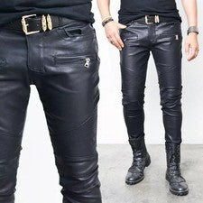 Pantalón de cuero negro para hombre ajuste estándar estilo ciclista cuero real ciclistas