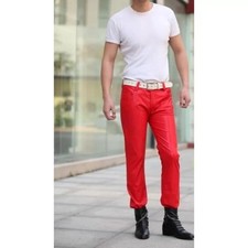 Nuevo Pantalón de Cuero Rojo para Hombre Cuero de Cordero Real Jeans Estilo Pantalones