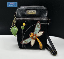 BOLSO BANDOLERA MONEDERO LIBÉLULA JARDÍN CELULAR NEGRO CHALA